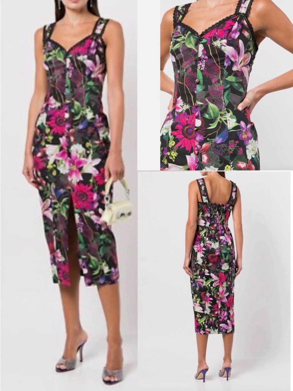 Marchesa Notte Floral Print Tea Length Sheath Midi Dress Black Womens 12.